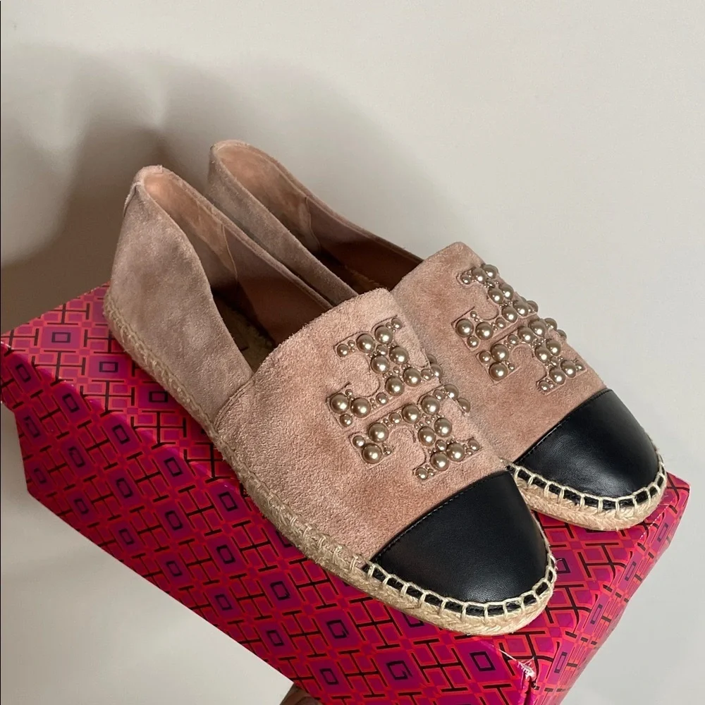 Tory Burch | Women’s Stud Pearls Logo Suede Espadrilles in Meadowsweet Size 10